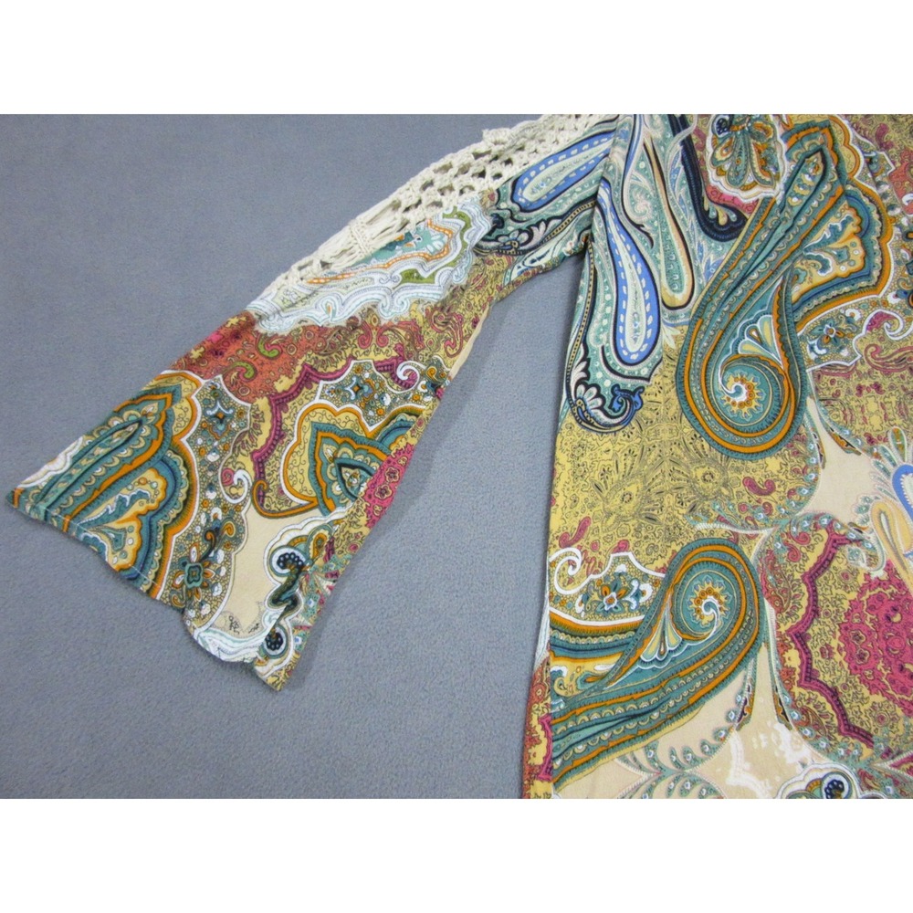 Umgee Top Womens Small Multi Paisley Cold Shoulder Crochet Trim Bell Sleeve Boho - Picture 2 of 14